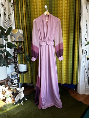 VINTAGE 1970s Purple Tonal Gradient Polyester Woven Long Sleeve Maxi Dress S