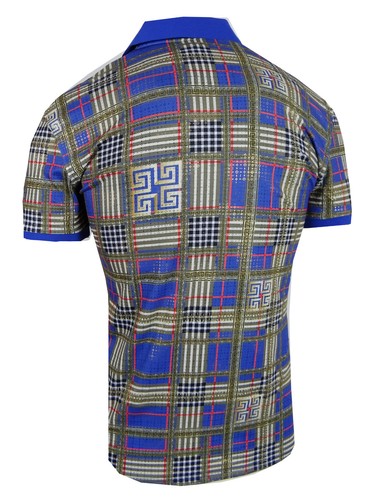 Designer Italian Mens Polo Shirt Plaid Gold Highlights Slim Fit Stretch 3 Button - Picture 15 of 18