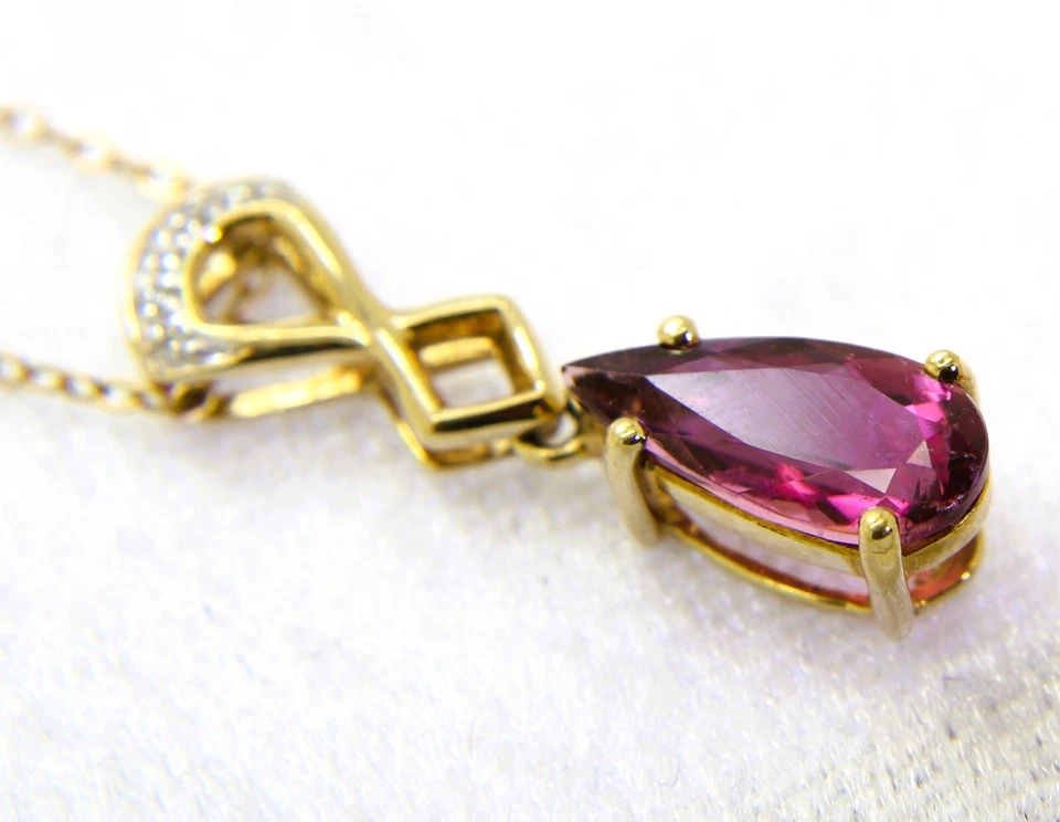 Pear Pink Tourmaline & Diamond 9ct Yellow Gold Pendant + 17" Chain — 第 2/4 张图片