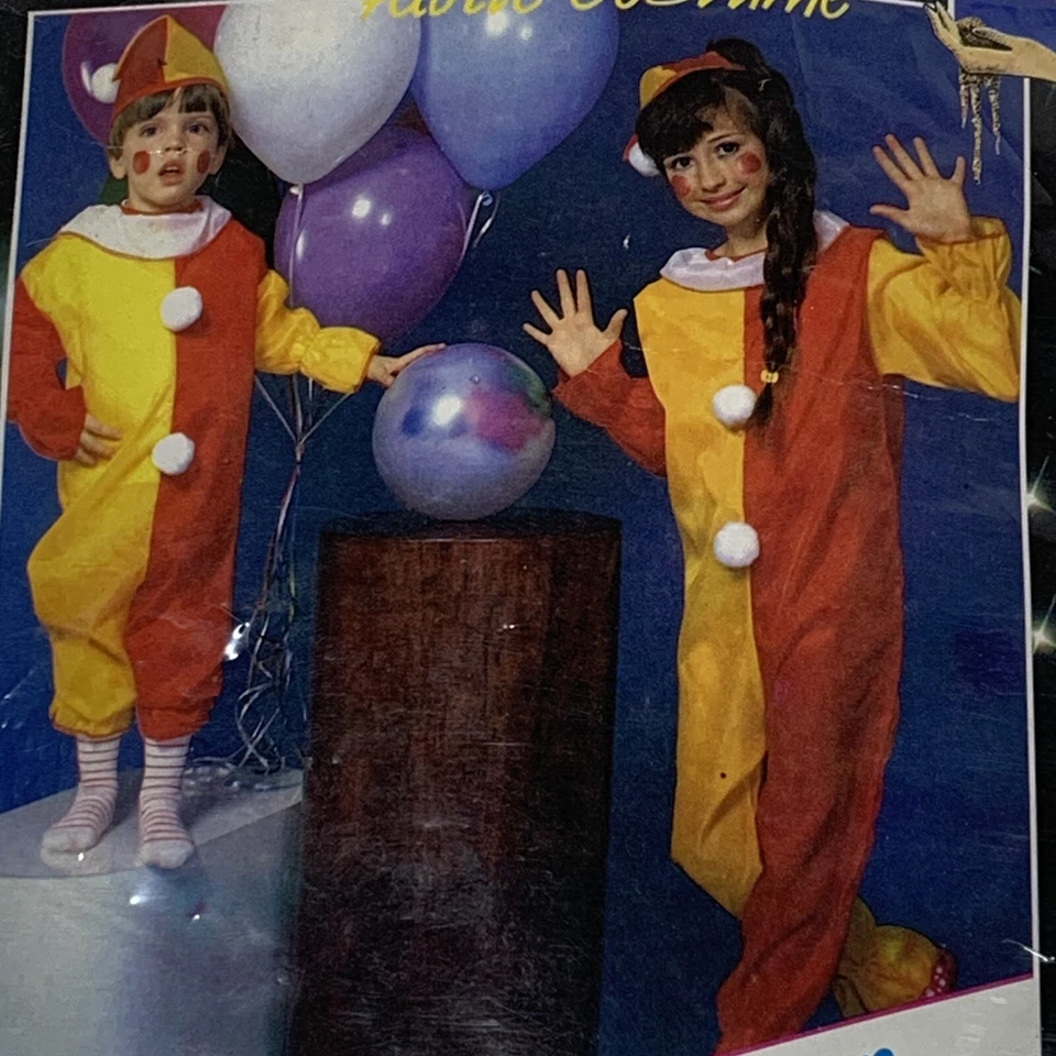 Vintage 80’s (small) Childs Clown Costume Red Yellow Jumpsuit w/ Hat, Wig & Nose - Image 2 of 4