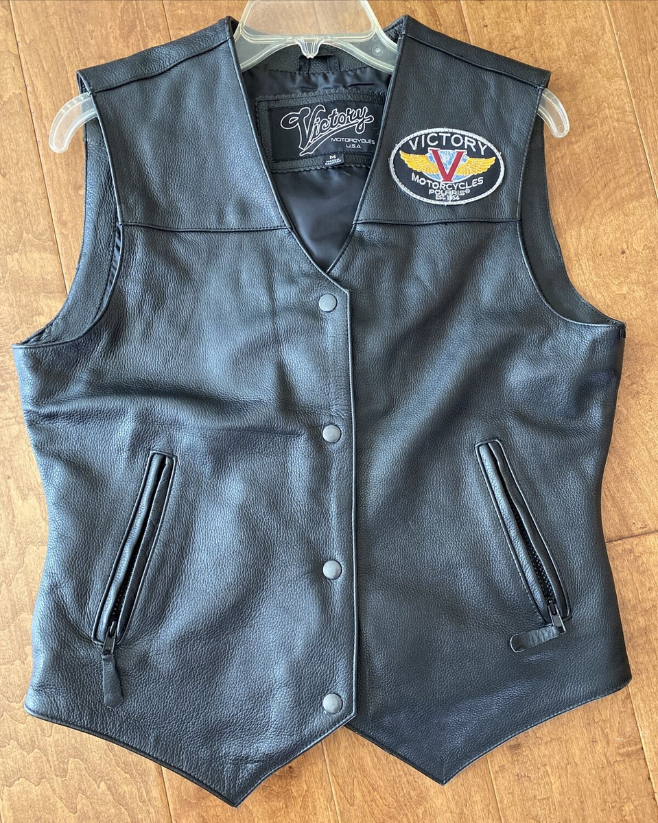 Women's Victory Black Leather Snap Button Motorcycle Vest Size M