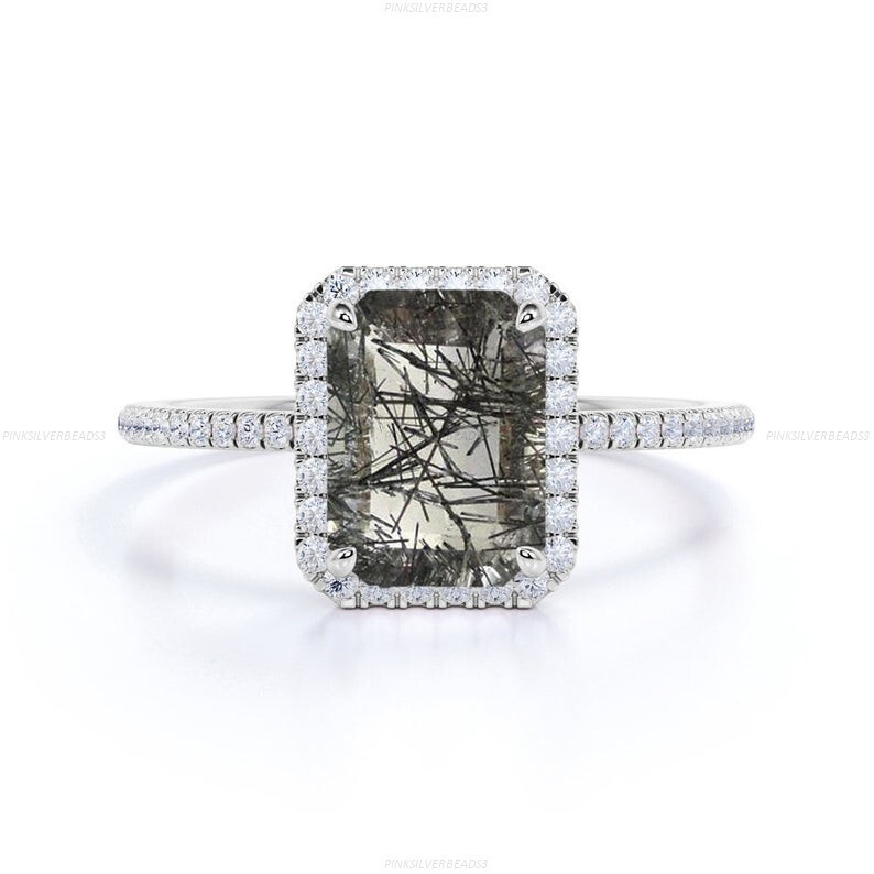 Rutilated Quartz Diamond Engagement Statement Wedding Ring 14k Gold Fine Jewelry