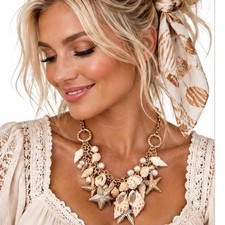 Starfish SeaShells Pearlized Bead Accents Nautical Necklace Beachy Boho Oceans
