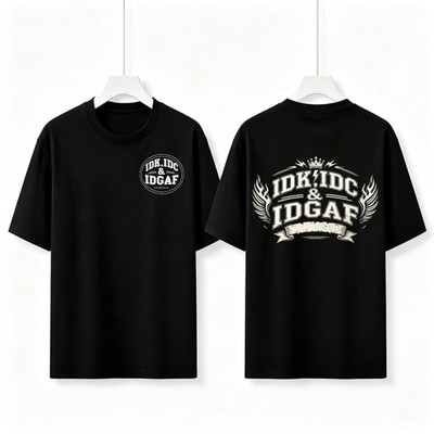 IDK IDC IDGAF Slogan T-Shirt Double Sided Print Vintage Crown Wings Graphic Tee