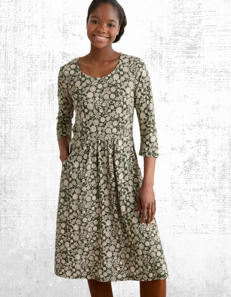 Women’s Seasalt Jersey Dress ¾ Sleeve Cotton Soft Green Bloom Enor - Image 2 of 4