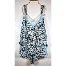 THALIA SODI Pajama Set M Leopard Print Lace Trim Sleeveless Y2K Retro Light Blue