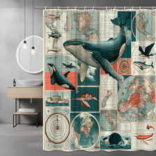 Ocean Animals Map Print Shower Curtain Whale Orca Turtle