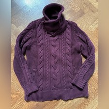 LL BEAN Signature Cotton Cable Knit Fisherman's Sweater Funnelneck Burgundy M