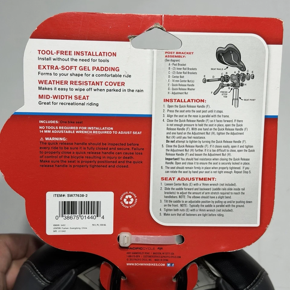 Schwinn Gel Cushion bike bicycle Saddle Seat Replaceable Schwinn Bike Seat - Image 3 of 4