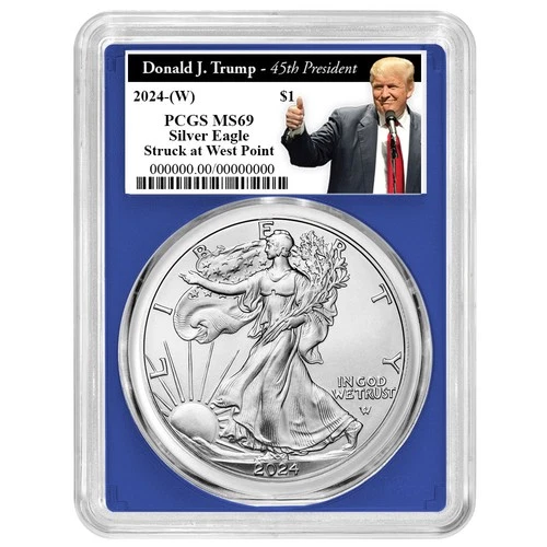 2024 (W) $1 American Silver Eagle PCGS MS69 Trump 45th President Label Blue