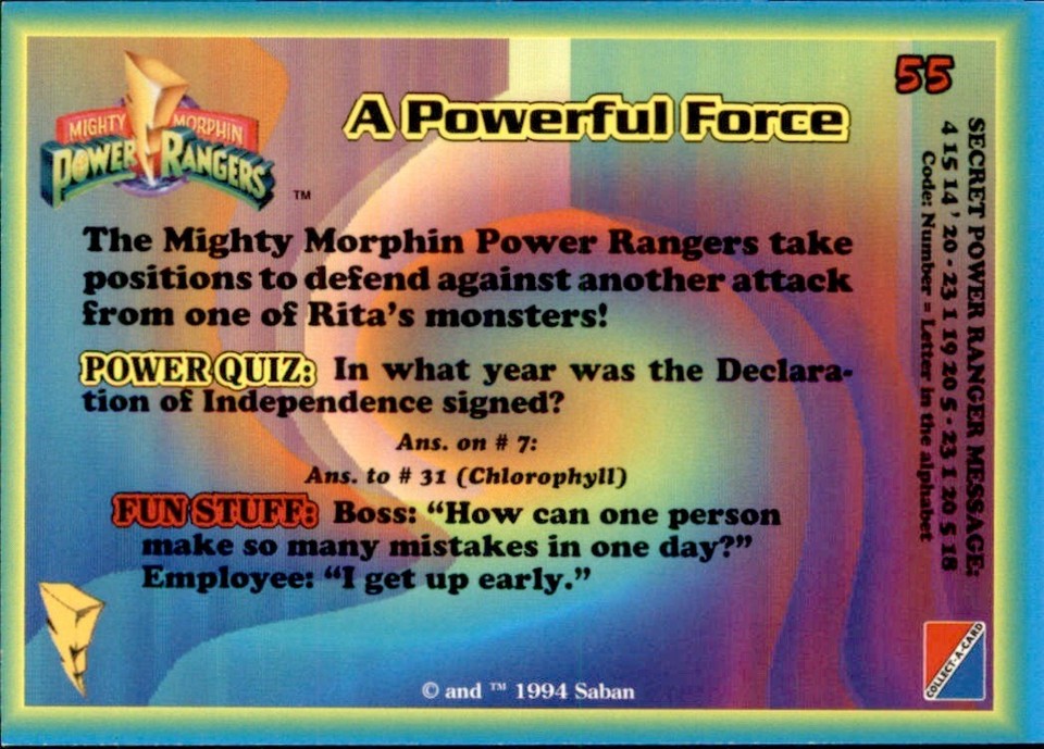 1994 Collect-A-Card Mighty Morphin Power Rangers A Powerful Force #55 ...
