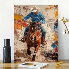 Cowboy on Horseback Framed Canvas Stretched Ready to Hang 50x40 Home decor Gift