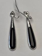Sterling Silver 925 Onyx Teardrop Dangle Drop Earrings Hook Signed