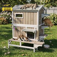 Outdoor Cat House for 2  3 Cats, Weatherproof 2-Story Cat Shelter with Balcony, E