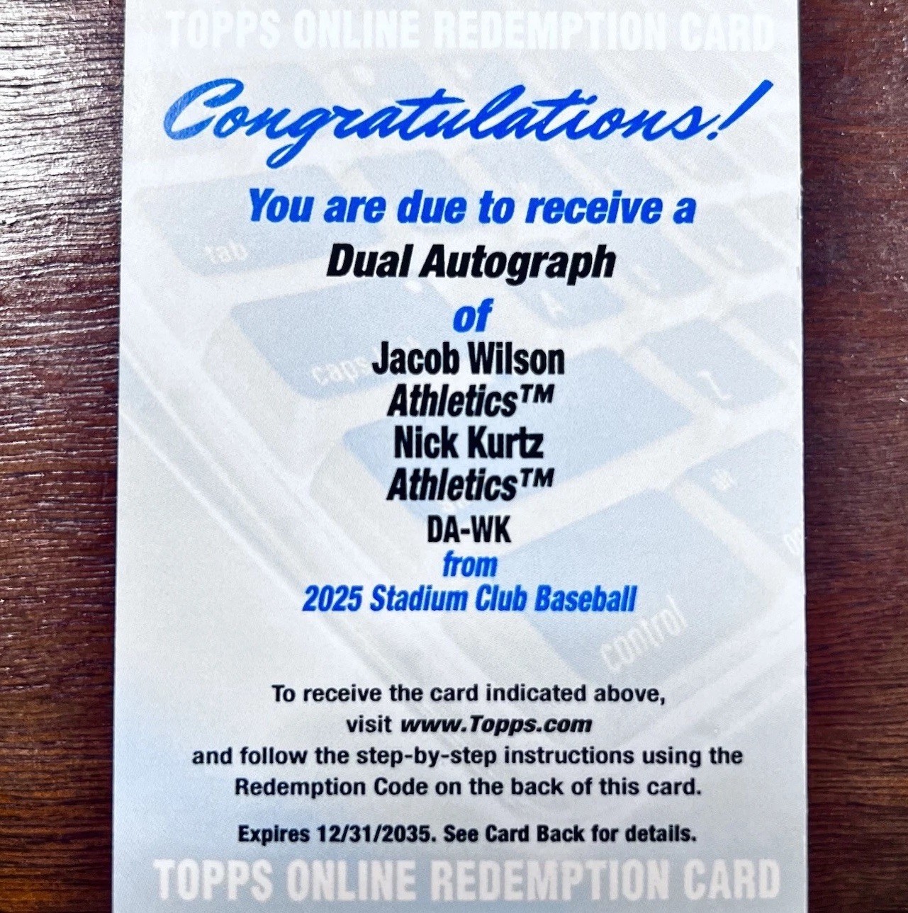 2025 Topps Stadium Club NICK KURTZ/JACOB WILSON DUAL RC AUTO Athetlcs Redemption