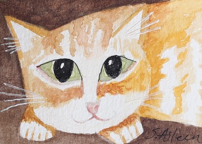 ACEO Watercolor Painting Orange Cat Tabby Green Eyes Signed Original