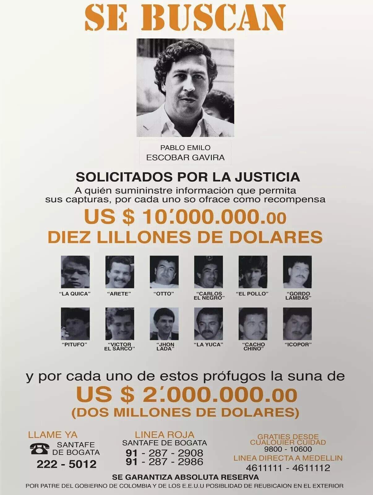 PÓSTER DE PABLO ESCOBAR FOTO BUSCADO 1981 SE BUSCAN PAND DROGA CARTEL 8,5X11 REIMPRESIÓN