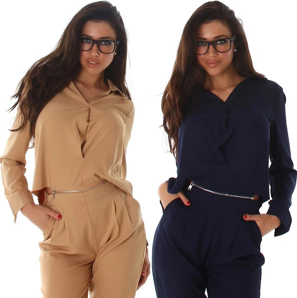 Damen Overall Zweiteiler Blusen-Pullover + High-Waist Hose Set S M L 36 38 40 - Bild 2 von 2