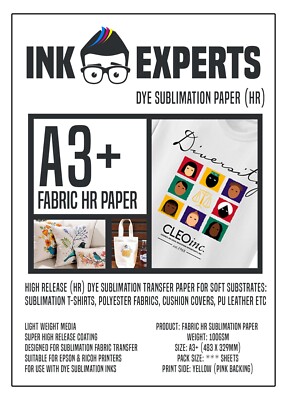A3+ Stoff HR 100g Sublimation Transferpapier 50 Blatt für T-Shirt & Stoffe