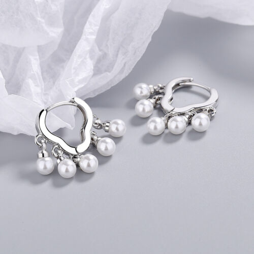 Boucles d'oreilles femmes perle goutte boucles d'oreilles huggie en argent sterling 925 cerceau cadeau - Photo 1 sur 4