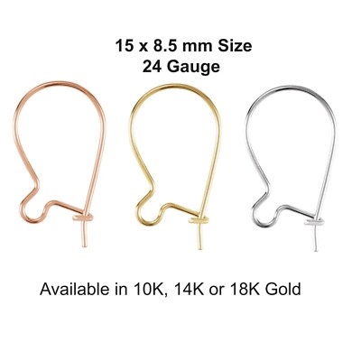 10K 14K 18K Solid Gold or Silver Plain Kidney Ear Wires Hooks 15x8.5 mm w/Ring