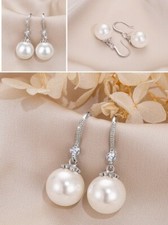 Stunning New Silver Plated 10mm White Pearl  Crystal Hook Dangle Drop Earrings