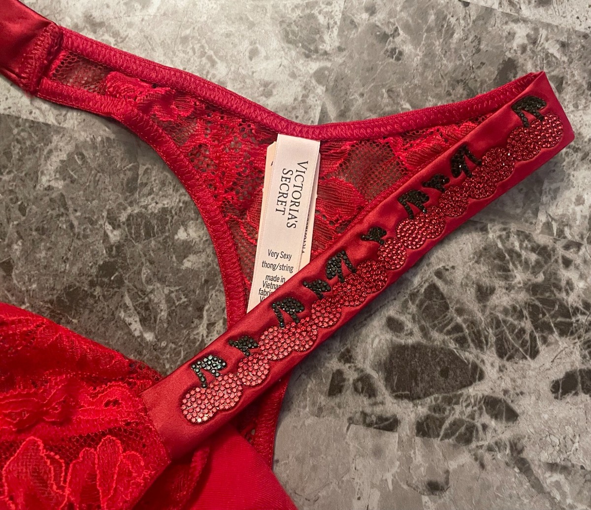 NWT VICTORIA'S SECRET RED LACE CHERRY RHINESTONE SHINE STRAP THONG