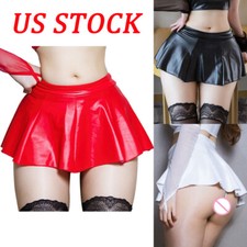 US Womens Leather Wet Look Flared Pleated Mini Skater Short Skirts Clubwears