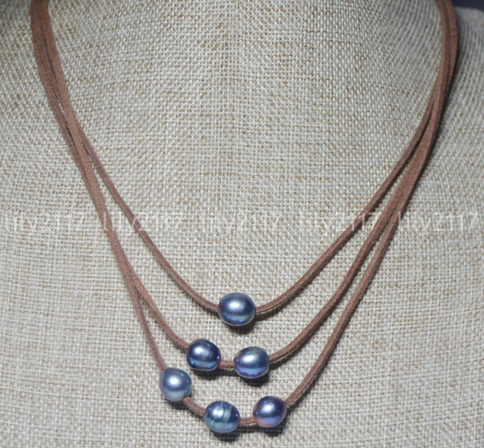 3 行天然 10x12 毫米大溪地黑色珍珠手工皮革绳项链 18-20 — 第 3/4 张图片