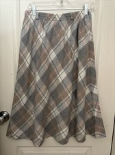 Vintage Ermane Wool Blend Skirt Plaid A-line Beige Gray Women's S/M, Made In USA