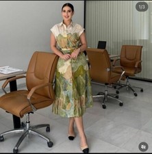 ZARA WOMAN NWT SS24 ZW COLLECTION PRINT SHIRT DRESS GREEN BEIGE 2183/043 SIZE M