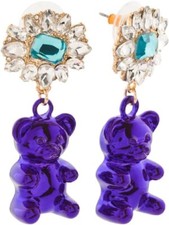 BETSEY JOHNSON PURPLE GUMMY BEAR,WHITE AND BLUE CRYSTALS EARRINGS