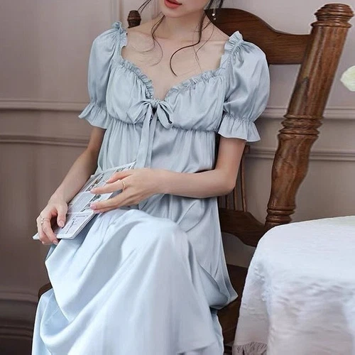 Damen Kunstseide Nachthemd Satin Nachthemd V-Ausschnitt Nachtwäsche Schleife Midikleid - Bild 14 von 23