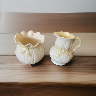Belleek Yellow  Ribbon Pattern Creamer and Open Sugar Bowl