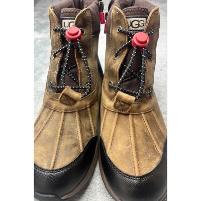 UGG Big Kids Brown Leather Waterproof Winter Boots Zip Side Red Laces 6M new