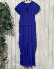Old Navy Women's Blue Tiered Maxi Dress Size L Flutter Sleeve Tie Neck