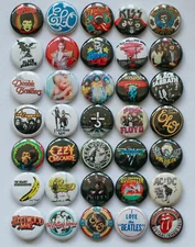 Rock 1" Pinback 35 Buttons 70's Music Metal Bowie Sabbath Hendrix ELO Badge