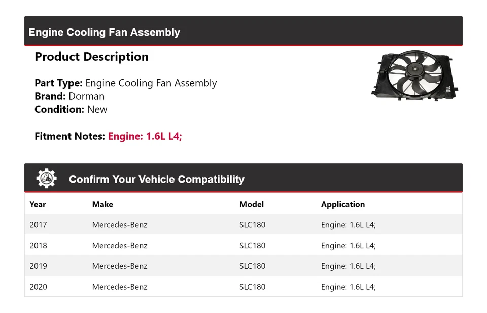 Conjunto de ventilador de refrigeración del motor Dorman 1,6 L L4 2017-2020 Mercedes-Benz SLC180 Foto 2 de 4