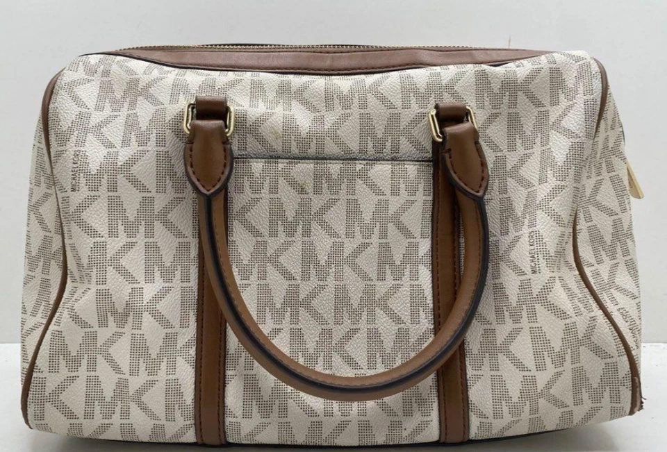 Michael Kors Vanilla PVC Bedford Travel Medium Logo Stripe Satchel Bag Purse - Image 4 of 4