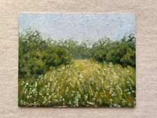 Original oil painting summer meadow landscape field art 10x8