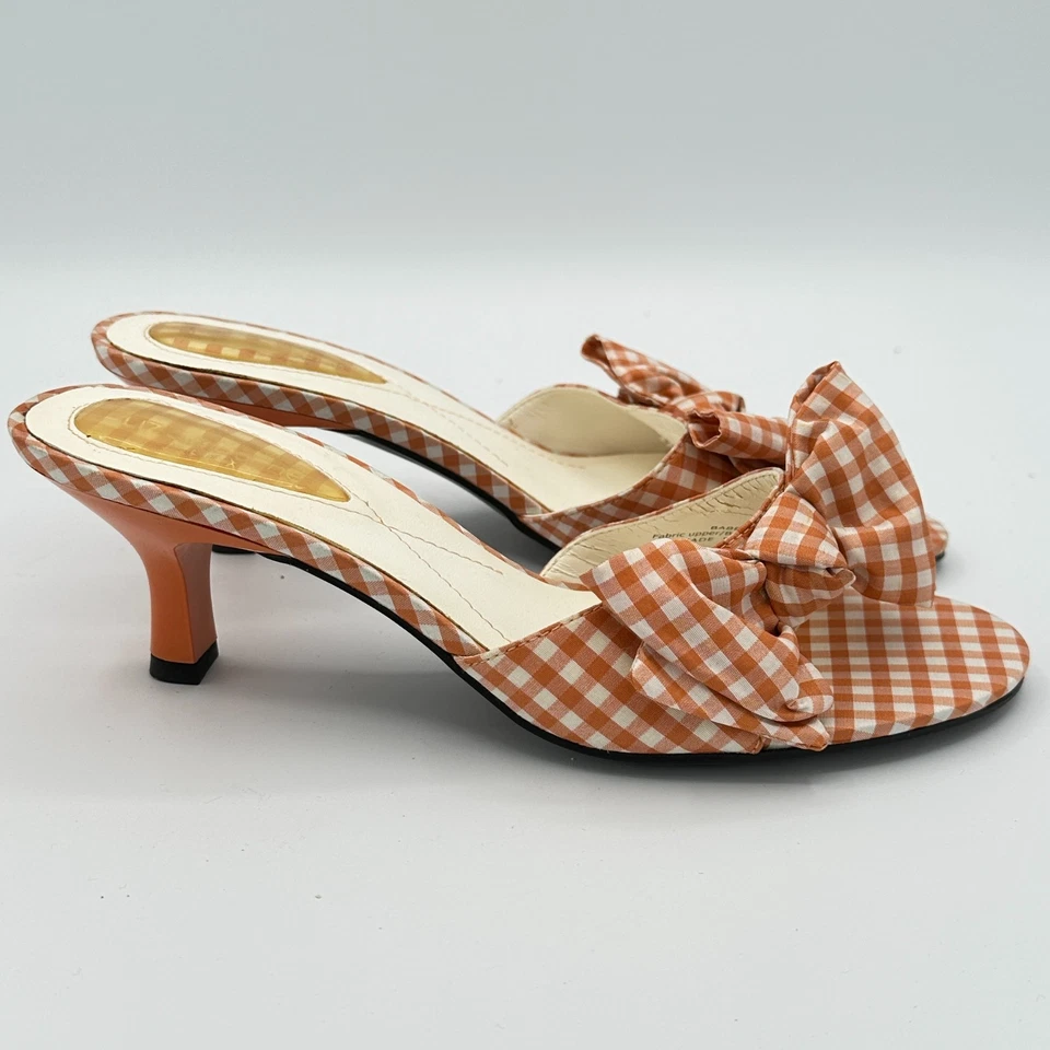 Y2K Vintage Liz Claiborne Flex Babe Orange Gingham Bow Slip-On Heels Size 7M - Image 4 of 4