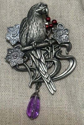 2.75''  Jonette Jewelry Parrot Brooch Tropical Bird Flower Berry Pewter Pin Large