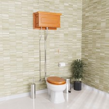 Light Oak High Tank Toilet with White Elongated Bowl Chrome L-Pipe