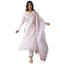 GoSriKi Women's Cotton Blend Straight Printed Kurta with Pant & Dupatta