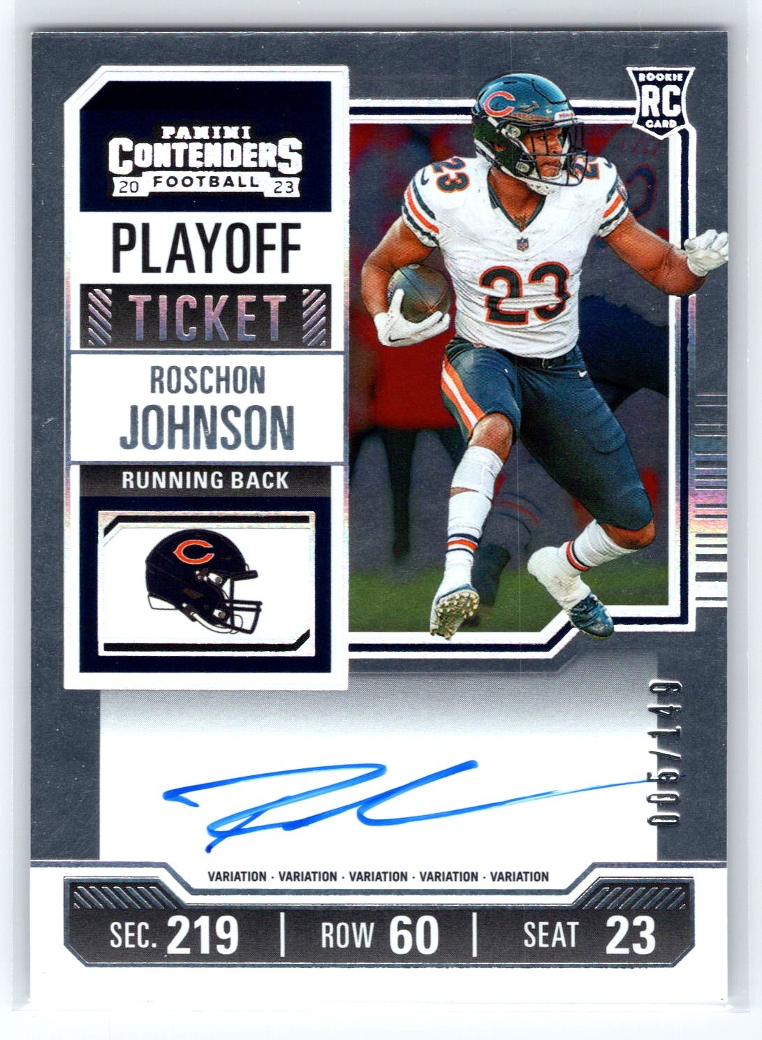 Roschon Johnson 2023 Contenders Playoff Ticket On Card Rookie Auto! 5/149! Bears