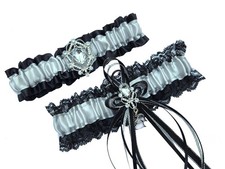Wedding Garter Set Silver Black Satin Lace prom bridal homecoming Handmade toss