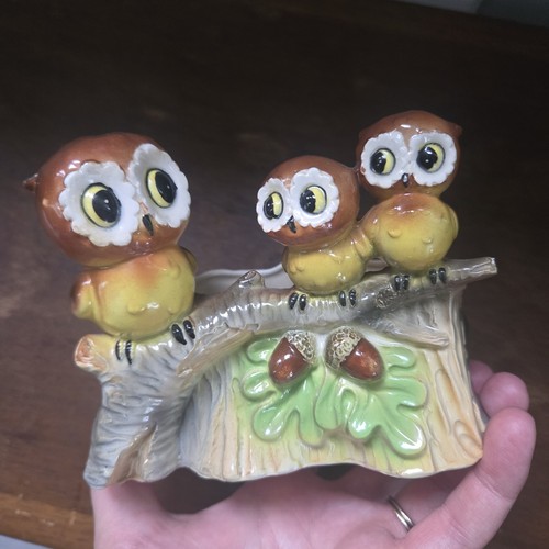 Vintage Norcrest Owl Family Nest Tree Stump Planter  Mother Baby MCM Japan