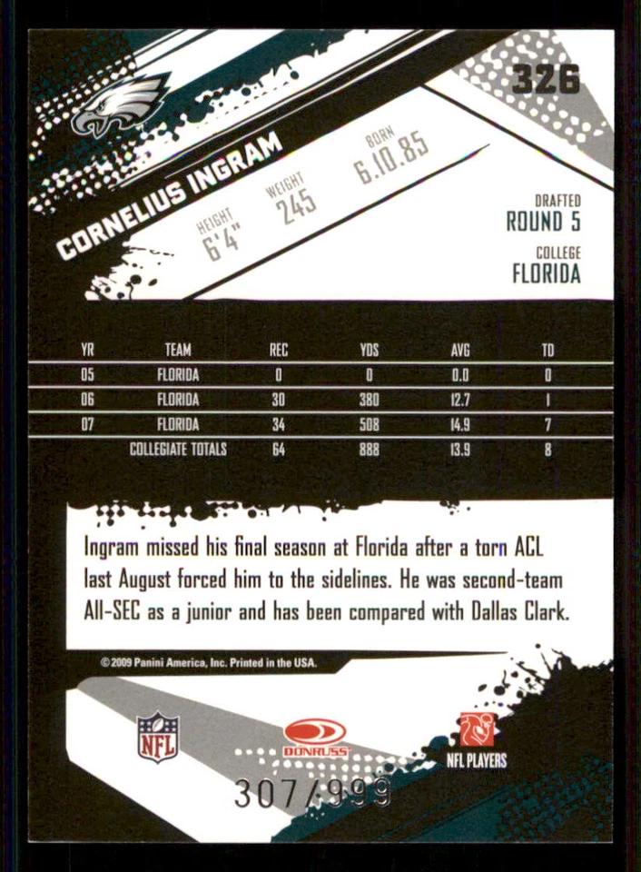 2009 Score Inscriptions #326 Cornelius Ingram RC /999 - Image 2 of 2