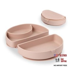 Baby Plate with Suction, Foldable Silicone Toddler Plate for Travel, Pink Salt