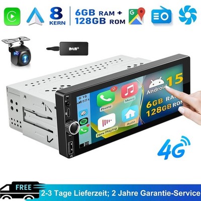 DAB+ 6+128GB Android 15 1 DIN Autoradio 6.86'' Carplay GPS Navi USB BT RDS AM/FM